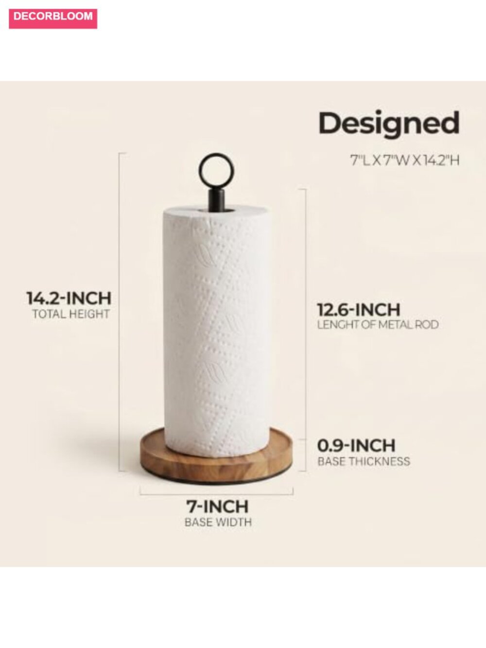 Solid Acacia Wood Paper Towel Holder with Metal Base, Freestanding Farmhouse - Picture 2 of 6